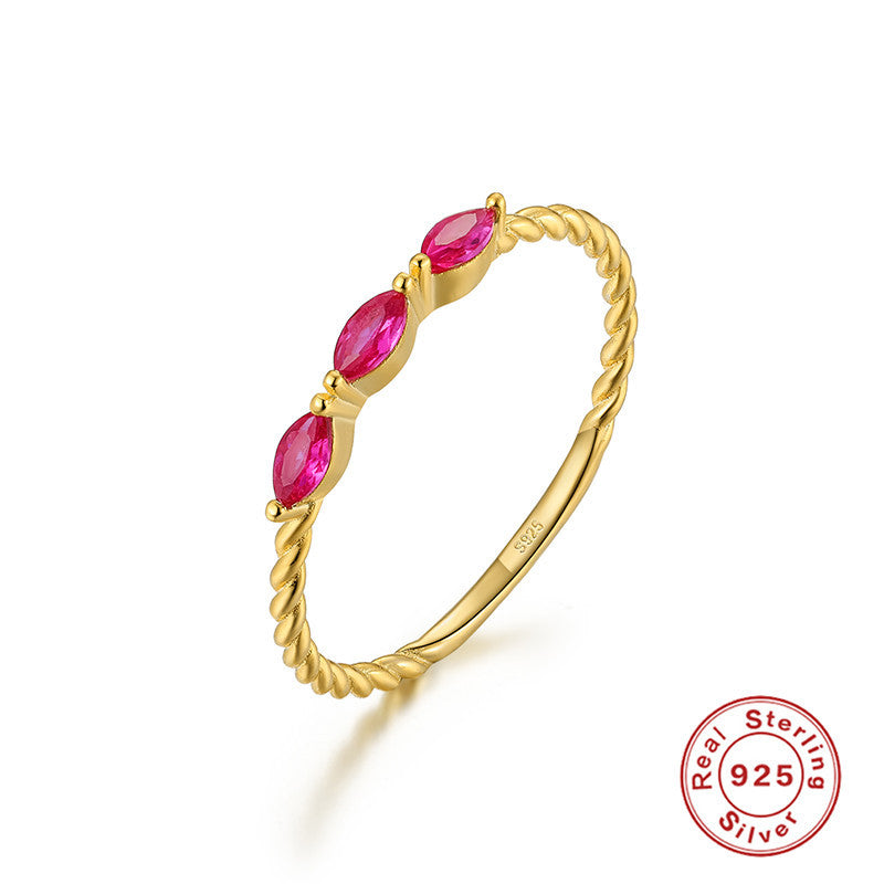 S925Sterling Silver Pink Marquise Twist Pattern Ring with Diamond Inlay, Step Shape Ring, Korean Style Index Finger Ring