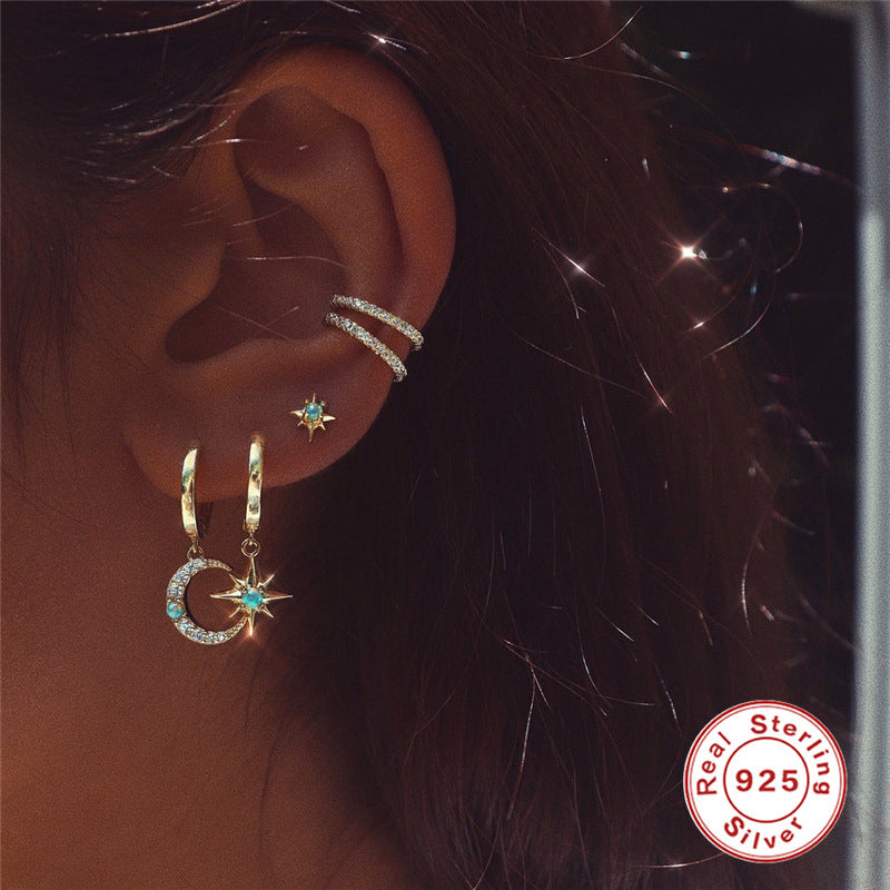 S925Sterling Silver Star Moon Inlaid Diamond Opal Hoop Earrings Cross Ear Clips Earrings Hot Sale Trendy Women's Ear Jewelry