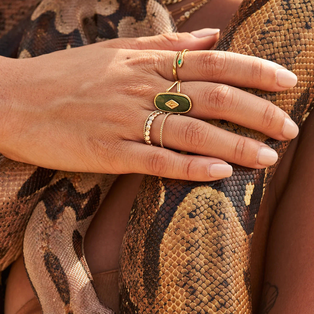 Vintage18K Gold Stainless Steel Natural African Jade Stone Open Ring Ring Jewelry