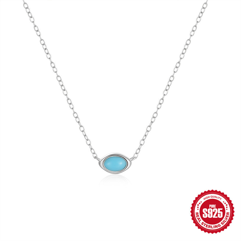 S925 Sterling Silver Vintage Turquoise Diamond Pendant Necklace
