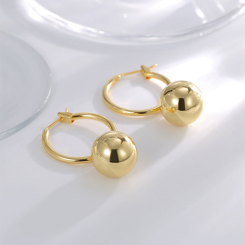 E0788 Simple Round Ball Earrings for Women, Brass Gold-Plated, Elegant Smooth Geometric Large Hoop Earrings