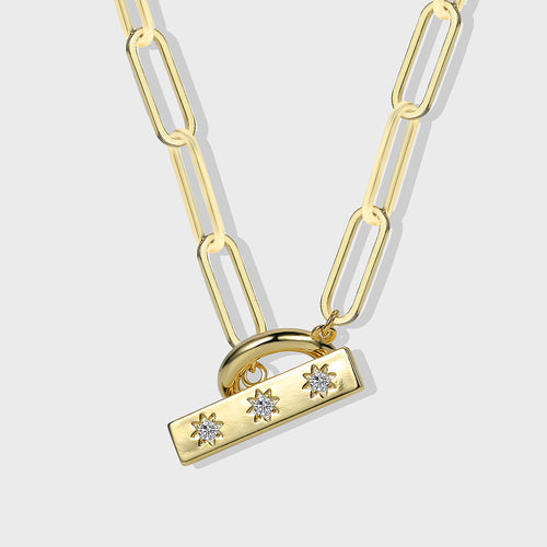 18K Gold-Plated Brass Star Paperclip CZ Necklace with cubic zirconia design details