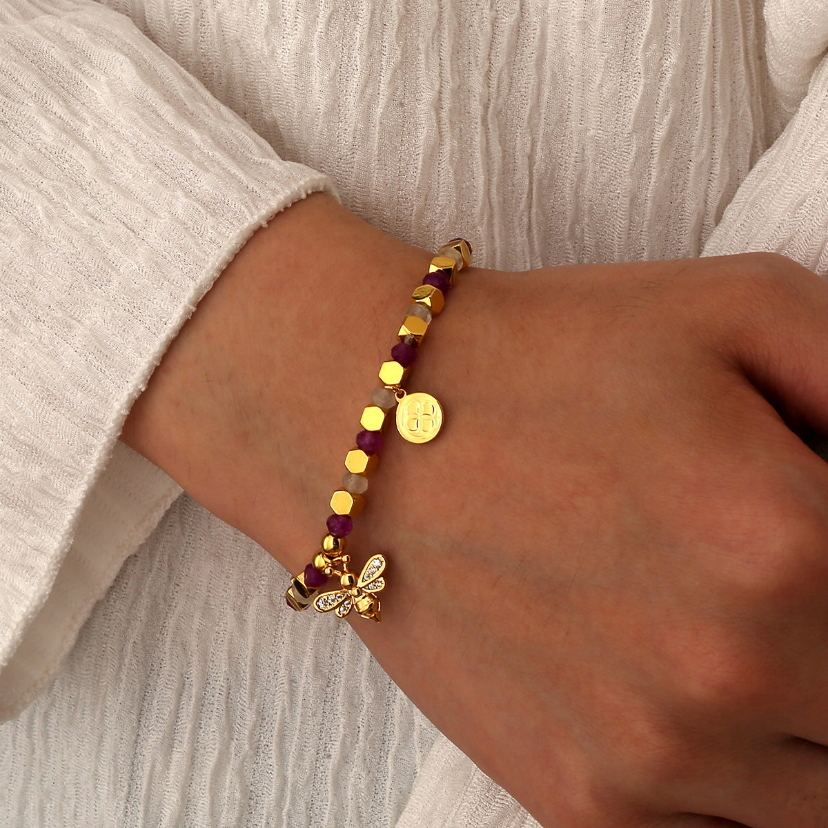 CYB0274 Bee Pendant Zircon Beaded Bohemian Chalcedony Bracelet