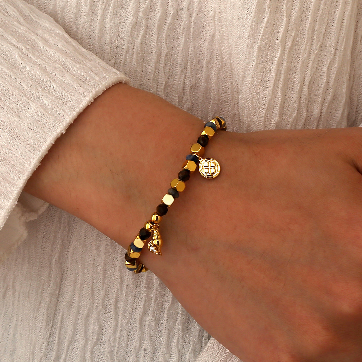 B0278 Bohemian Conch Inlaid Zircon Beaded Fashion Retro Tiger Eye Blue Vein Stone Bracelet