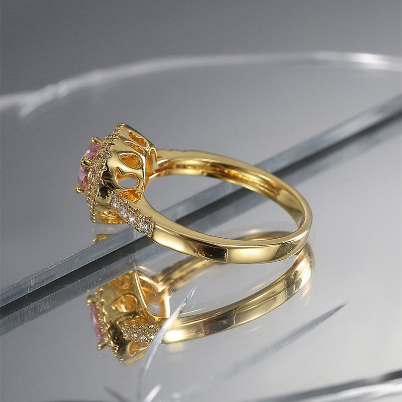 R0537 Fashion Cute Heart-Shaped Pink Zircon Ring for Women Micro-Paved White Zircon Type Ring
