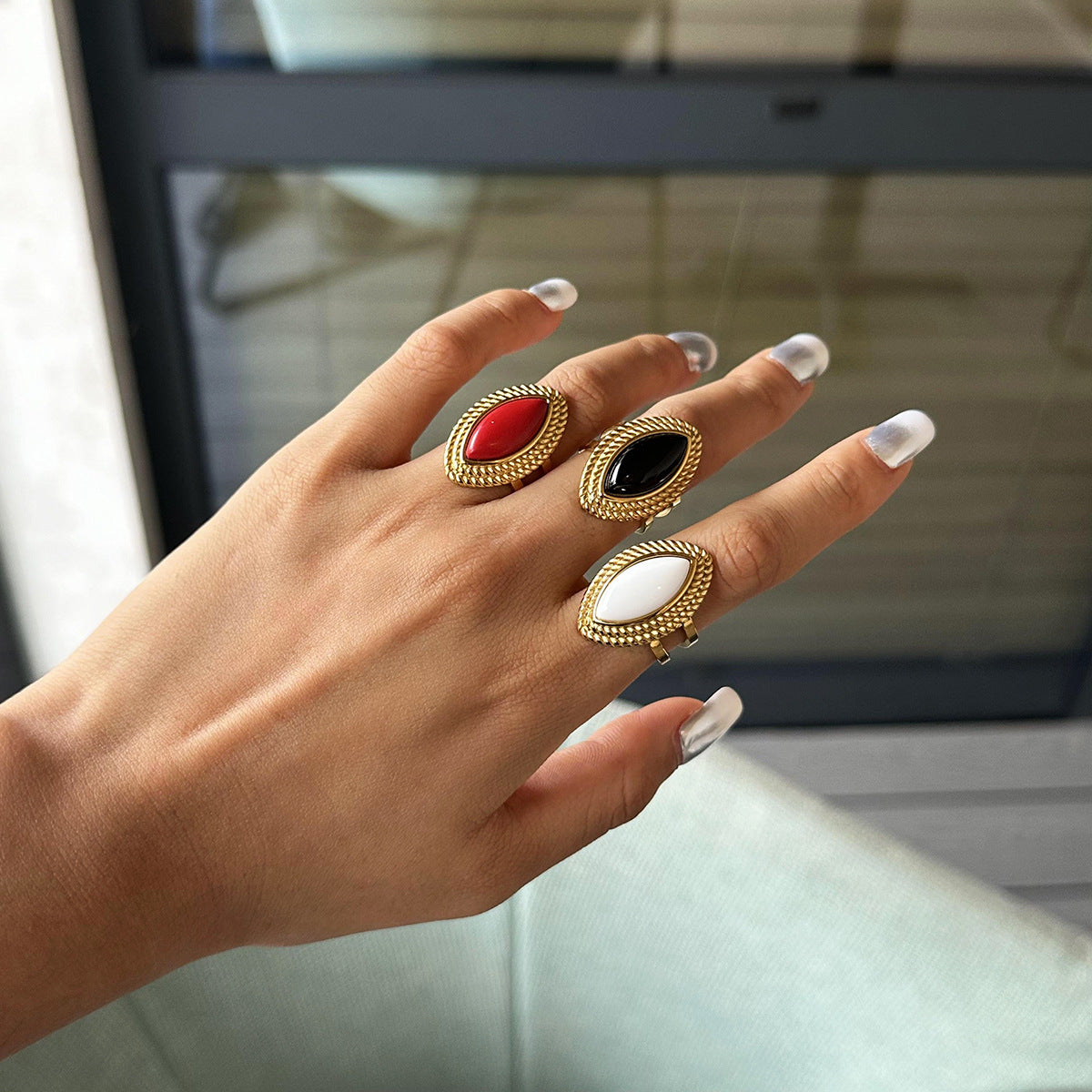 Stainless Steel18K Gold and Black Agate Open Ring Heavy Craft Retro Export Jewelry for Women