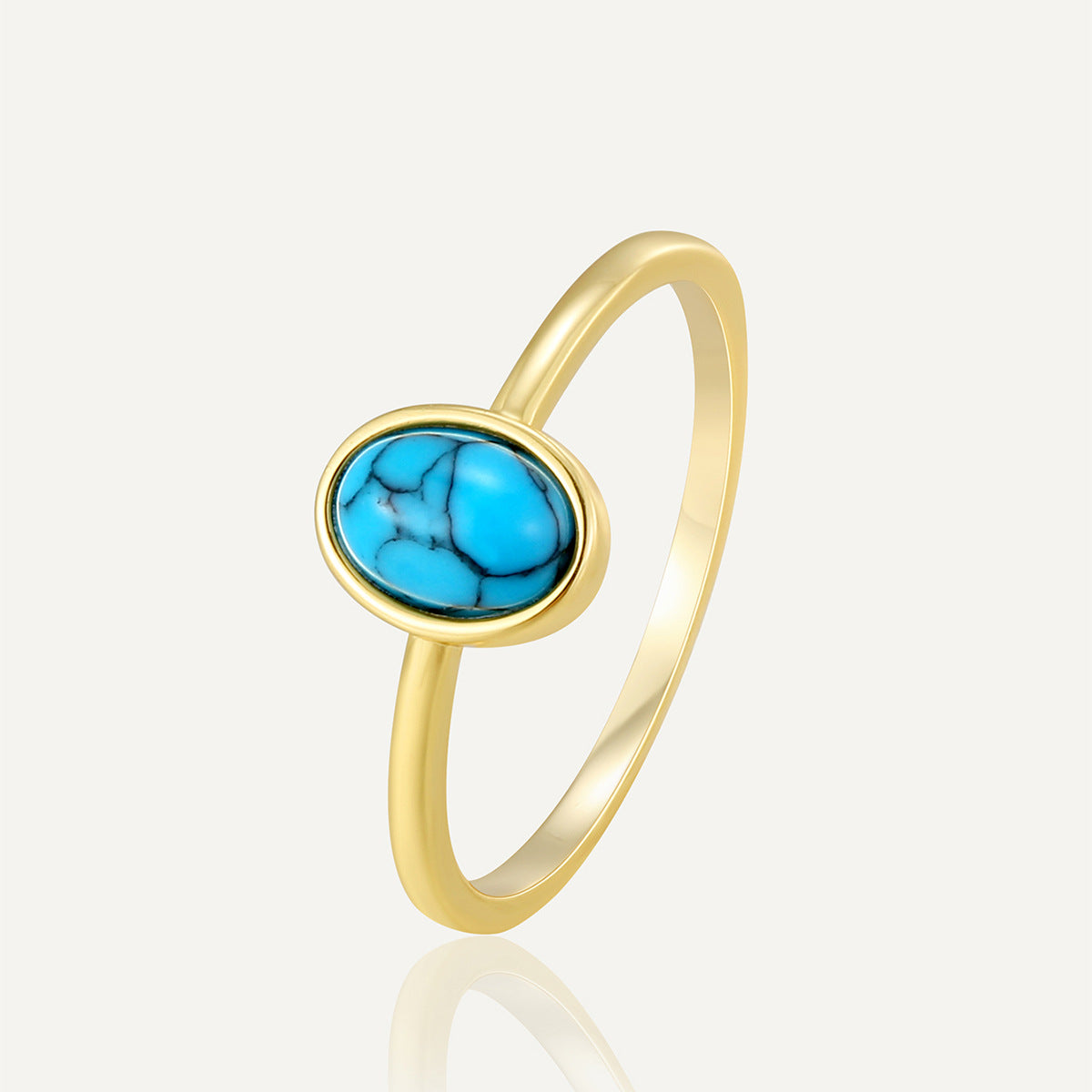R0677 Bohemian Checkered Design Ring for Women gold Inlaid Oval Turquoise Vintage