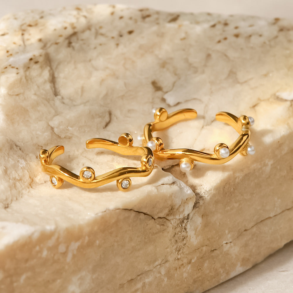 2H French Style Women's Fashion Versatile Ring18K Gold-plated Irregular Inlaid White Pearl Open Ring