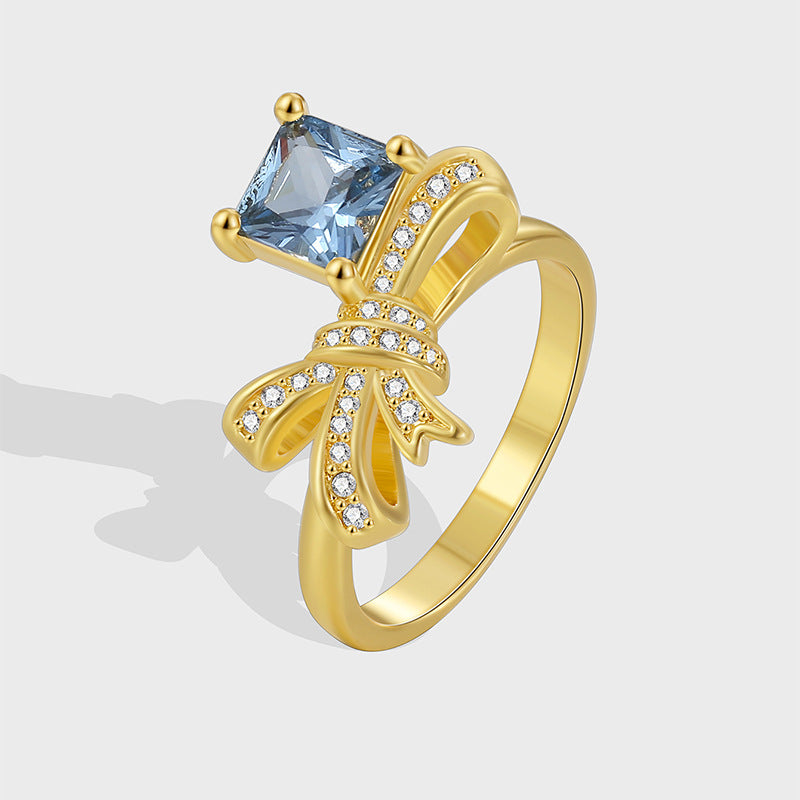 R0492 Design Gift Knot Ring Female Brass Gold Plated Inlaid Blue Square Zircon