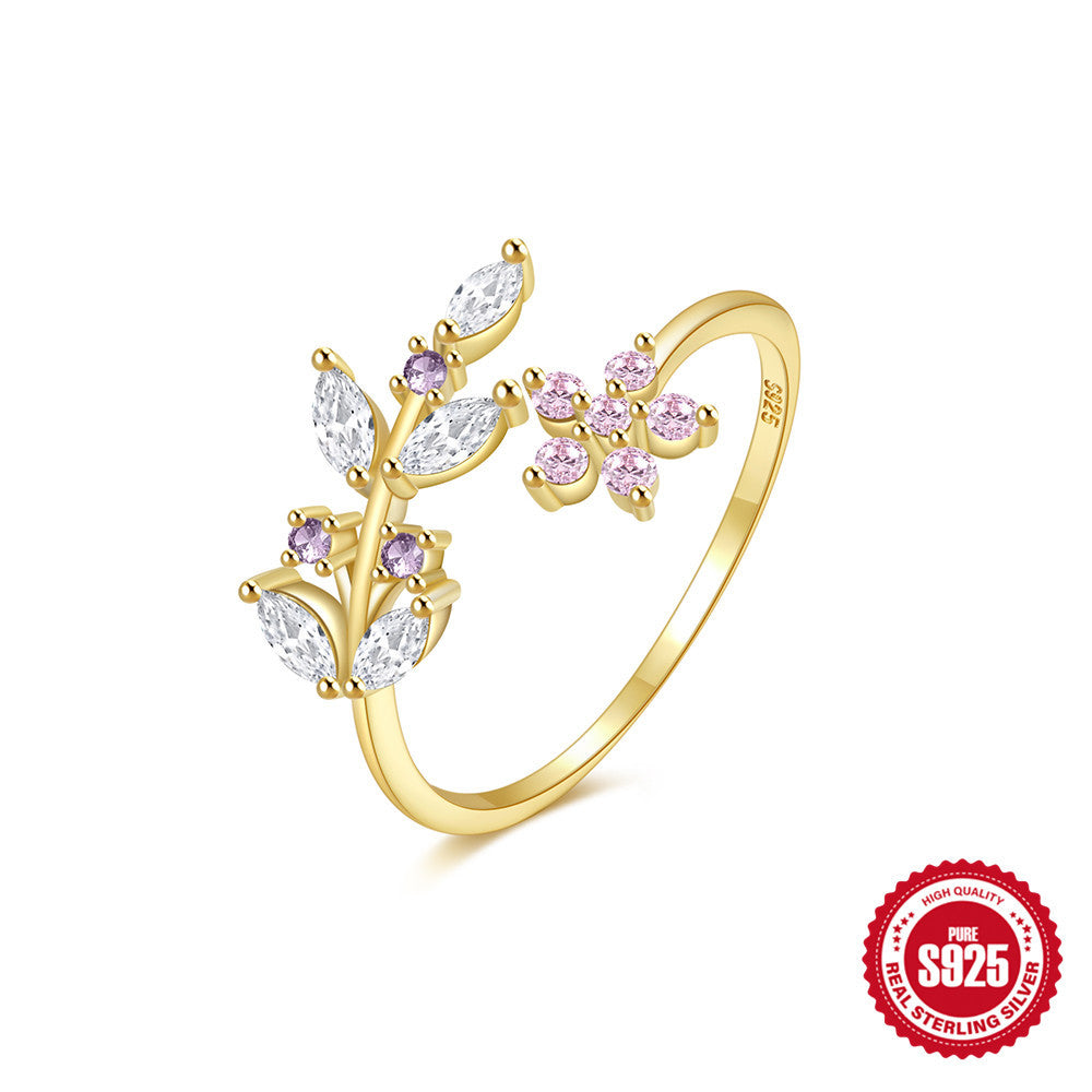 925Sterling Silver Leaf Pink Floral Creative Open Ring Marquise Zircon Combined Design Non-Collision Index Finger Ring
