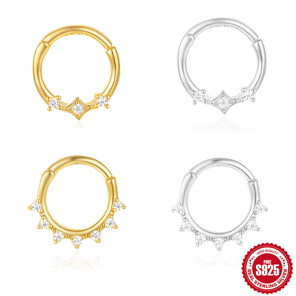 New Product S925Sterling Silver Star Triangle Inlaid Diamond Soft Bone Piercing Ear Hoop Ear Cartilage Hot-Selling Nose Ring