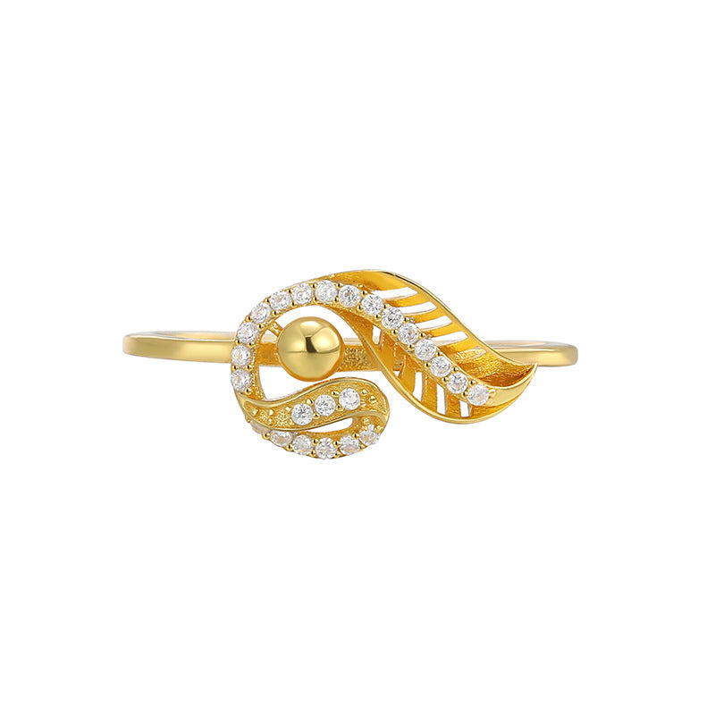 SR0007 S925Silver plating14K Gold Feather Inlaid Zircon Hollow Ring for Women Elegant Simple Design