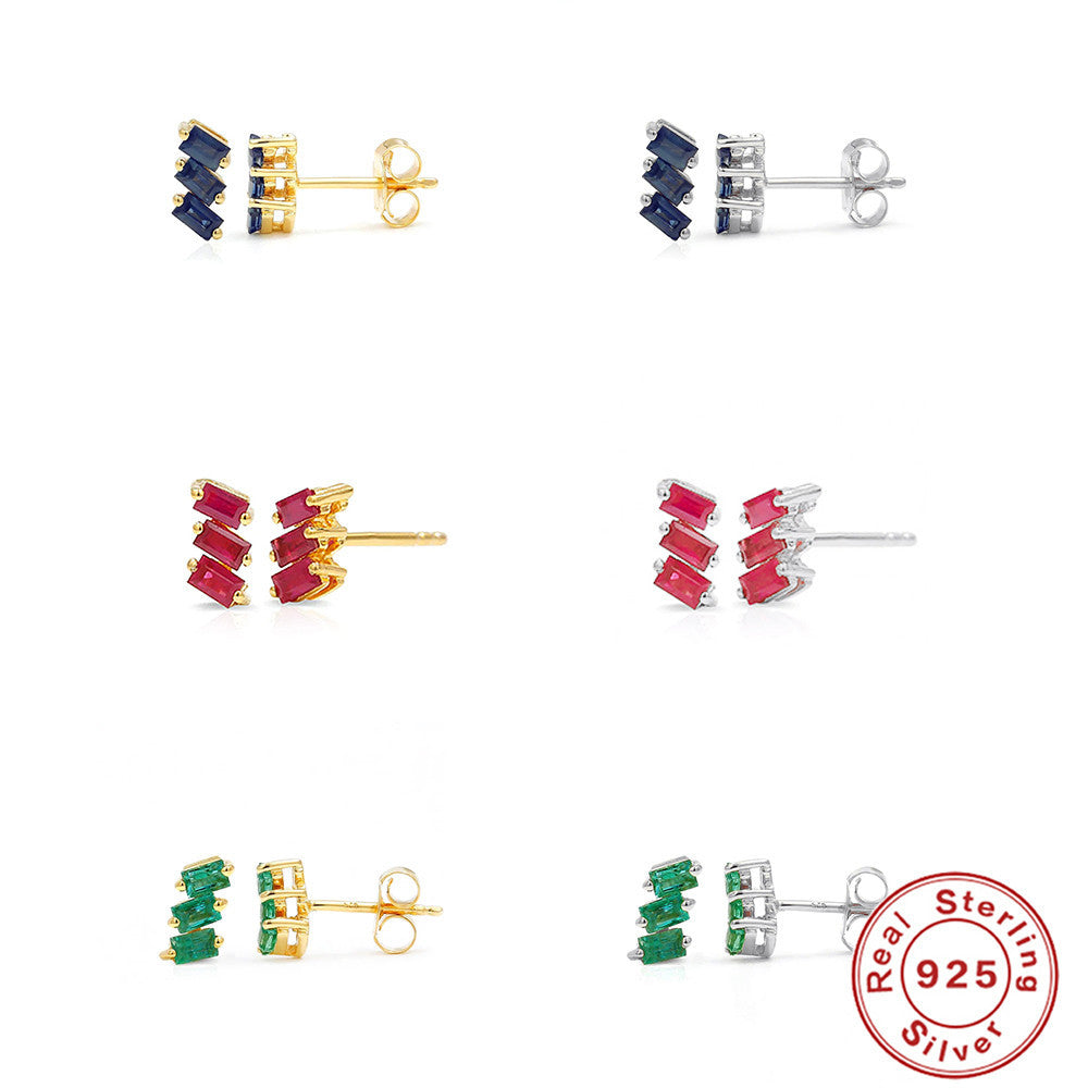 S925Sterling Silver Inlaid Three Asymmetric Rectangular Zircon Stud Earrings Vintage Diamond-Encrusted Ear Jewelry