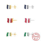 S925Sterling Silver Inlaid Three Asymmetric Rectangular Zircon Stud Earrings Vintage Diamond-Encrusted Ear Jewelry