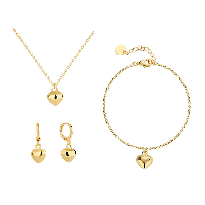 S0006 Fashion Heart Simple Design Bracelet Necklace Earrings Three-Piece Set Copper Gold-Plated Jewelry Set