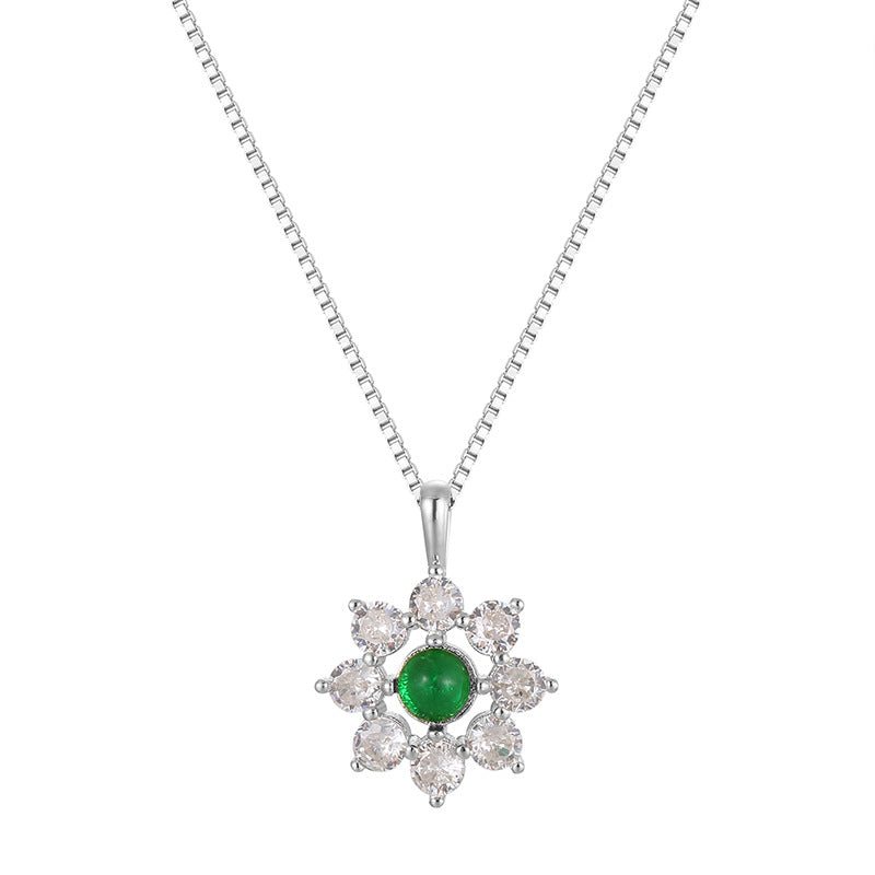 SN0072 S925 Silver Snowflake Necklace Emerald Pendant Minimalist