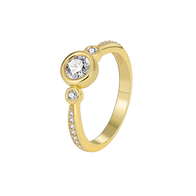 R0368 Simple Design Zircon Ring for Women, Brass Gold-Plated Micro-Inlaid White Zircon Ring