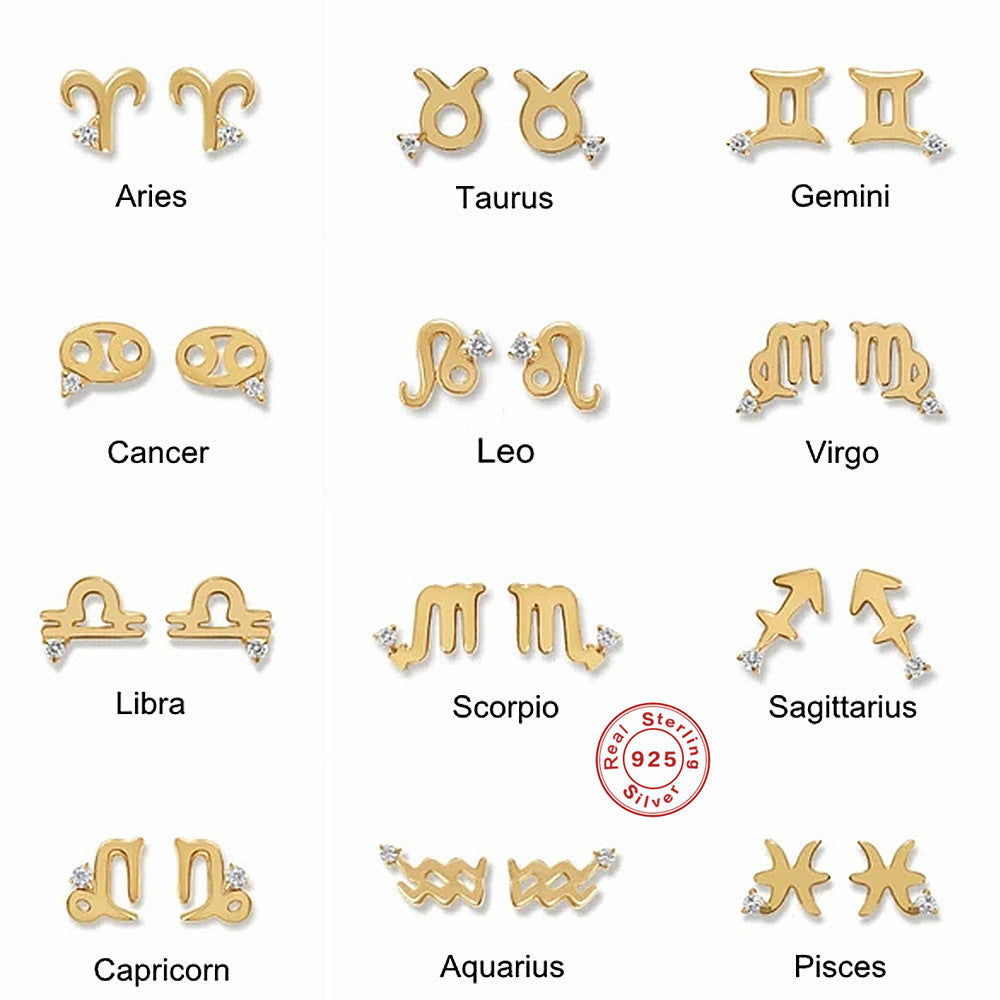 S925Pure Silver Minimalist Smooth Surface Zodiac Diamond-Studded Earrings Hot-Selling Creative Zodiac Earrings