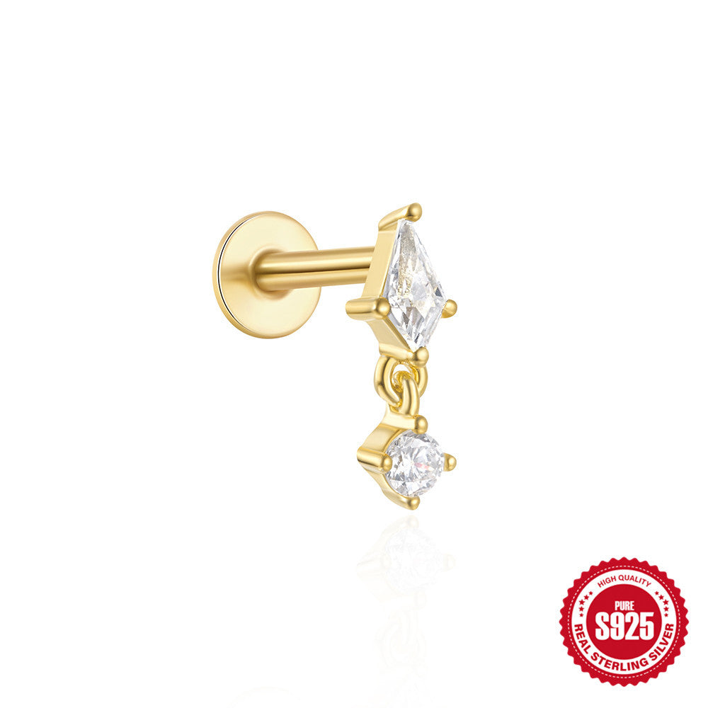 New925Sterling Silver Inlaid Diamond Tassel Piercing Threaded Flat Ear Bone Stud Earrings Hot-Selling Style Ear Jewelry