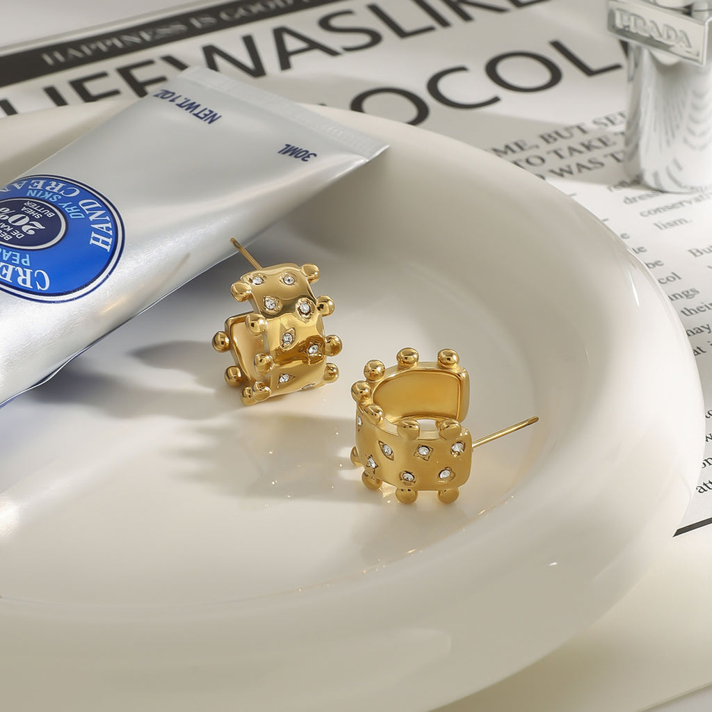 2H Stainless Steel Jewelry with Diamond Stud Earrings, Non-Fading Bracelet, and Ring