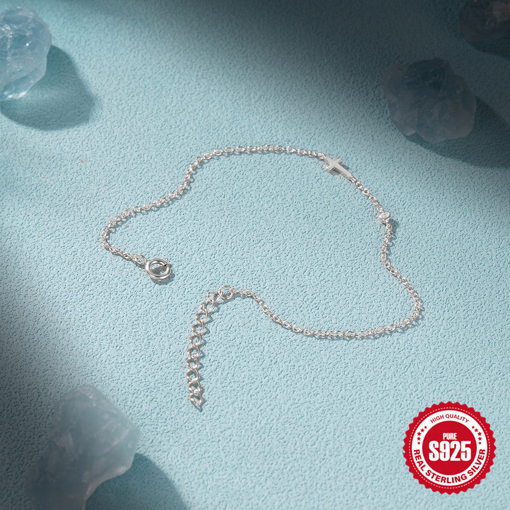 S925 Sterling Silver Mini Cross Single Diamond Bracelet For Women