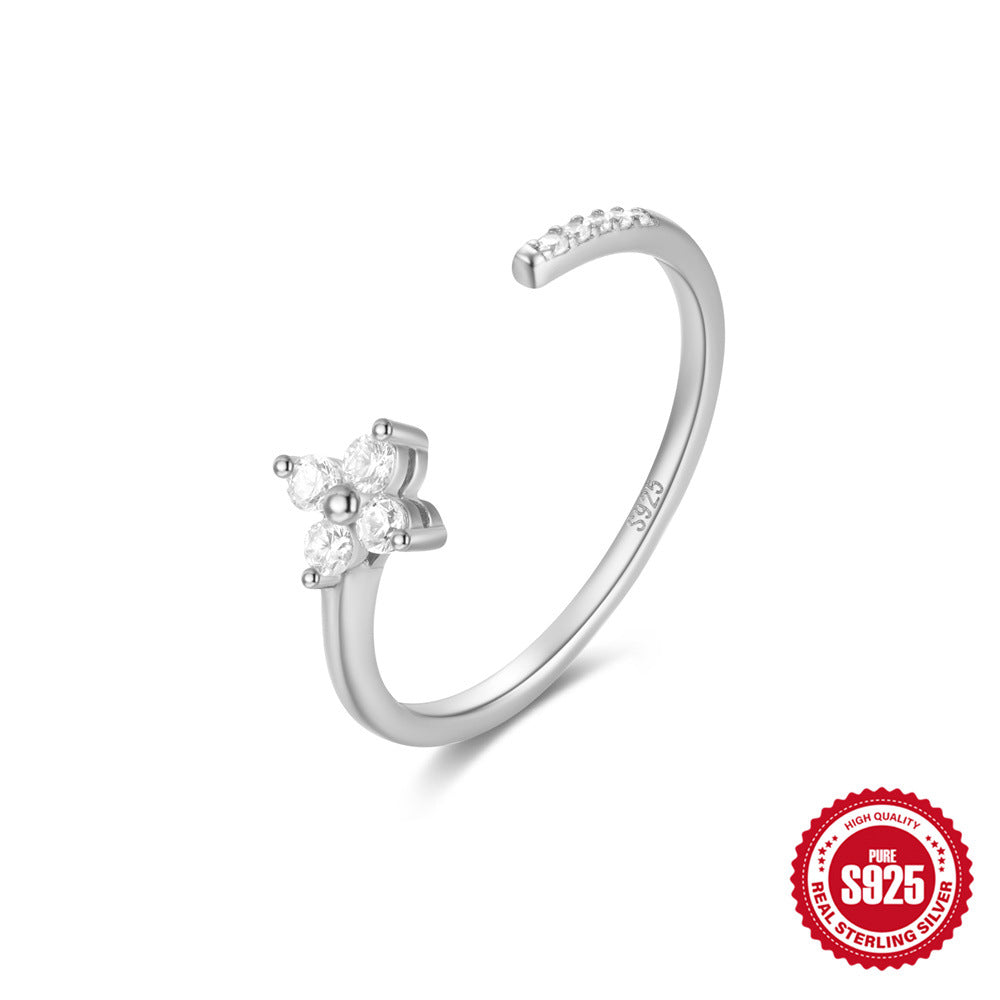 S925Sterling Silver Curved Petal Single Row Diamond Luxury Stacked Open Ring Hot Selling Index Finger Ring