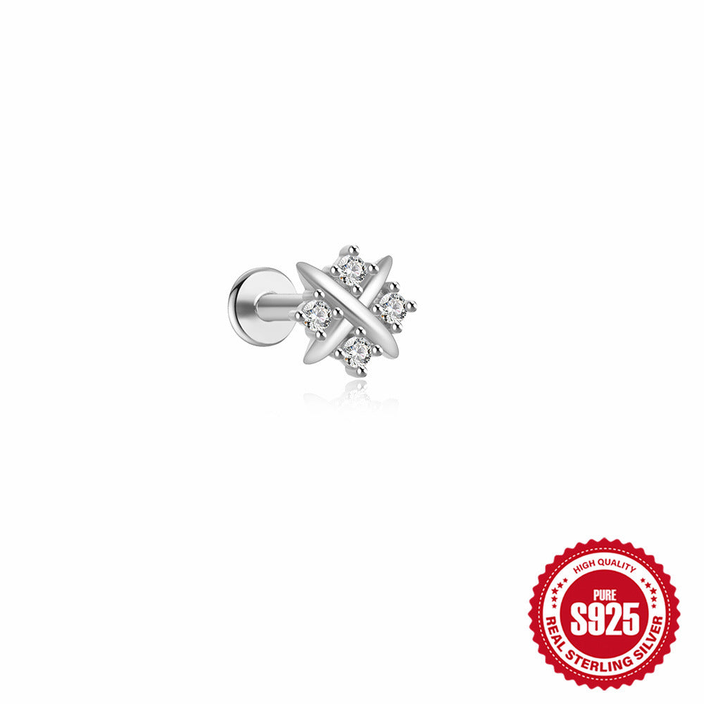 S925Sterling Silver Flat Push Piercing Zircon Earrings Fan-shaped Tassel Ear Jewelry Ear Cuff