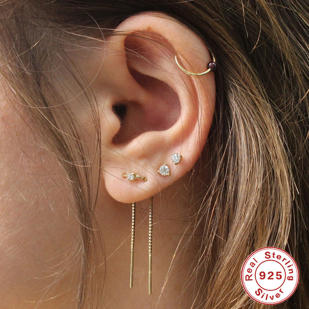 S925Sterling Silver Four-Prong Inlaid Diamond Chain Tassel Earrings Stud Fashion Earrings