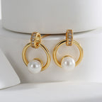 E0432 Fashion Round Design Pearl Earrings Minimalist Micro Pave Zircon Stud Earrings