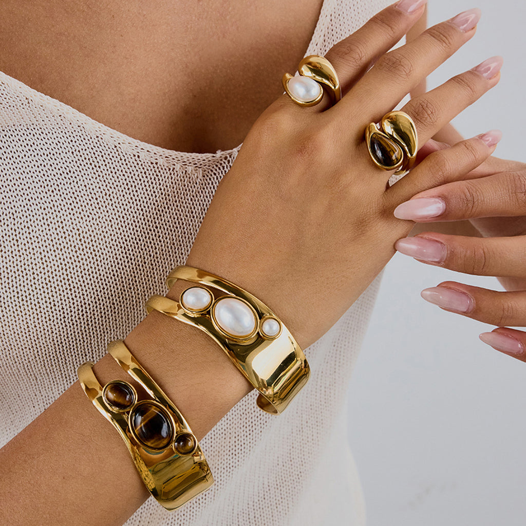 Natural Stone Hollow Open Bracelet for Women, Non-Fading Jewelry, Stainless Steel Ring Accessories