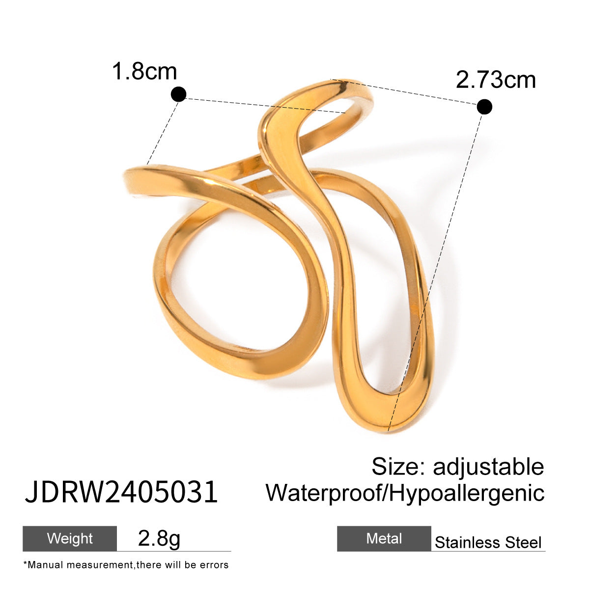 18k Gold Stainless Steel Smooth Line Irregular Open Ring Unique Line Design Ring