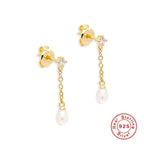 S925Sterling Silver Tassel Inlaid Diamond Pearl Stud Earrings Korean Minimalist Earrings Ear Thread