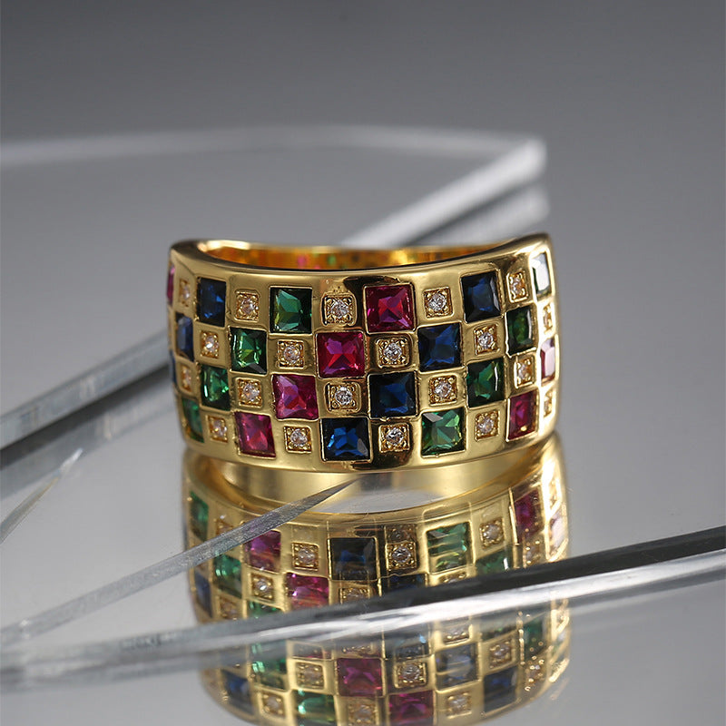 CYR0525 Fashion Simple Creative Inlaid Colorful Square Zircon Ring for Women Copper Plated with Real Gold Versatile