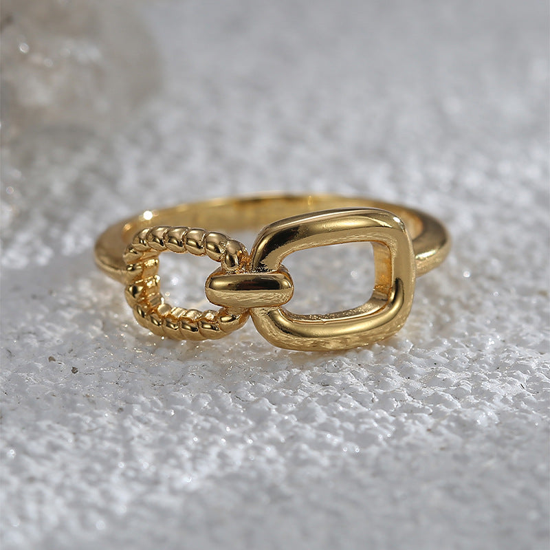 R0565 Fashion Simple Elegant Asymmetric Ring for Women Brass Gold-Plated Lock Buckle Striped Ring