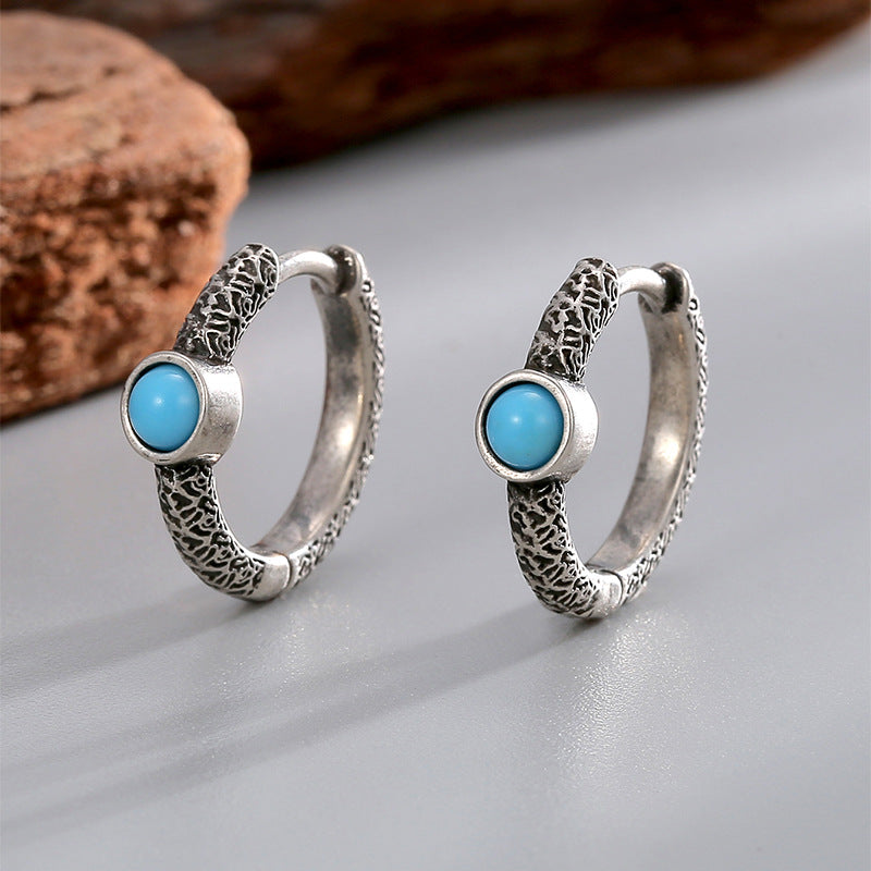 E0722 Fashion Retro Irregular Texture Earrings for Women Simple Blue Turquoise Silver Plated Ear Jewelry