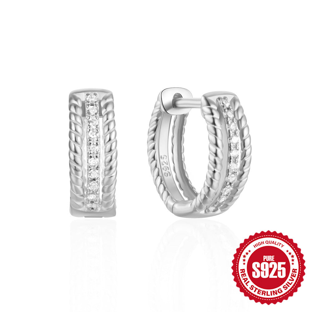 925Pure Silver Minimalist Leaf Geometric Inlaid Diamond Simple Hoop Earrings Hot-Selling High-End Earrings