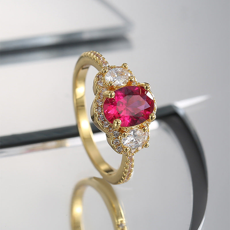 R0520 Fashionable Elegant Oval Red Zircon Ring for Women Vintage Micro Pave White Zircon