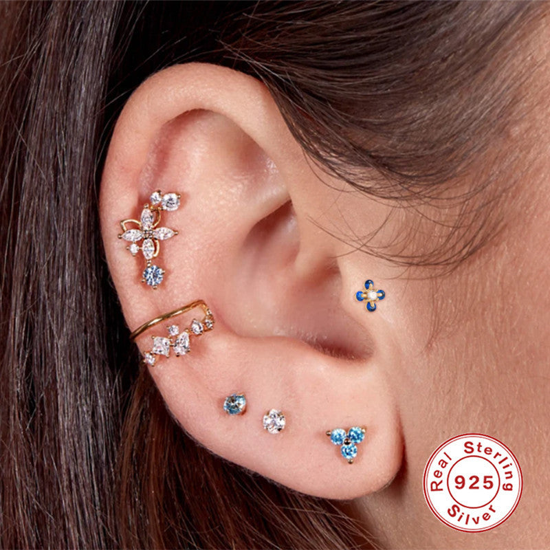 S925Sterling Silver Creative Geometric Flower Flat Head Threaded Piercing Earrings Hot Selling Ear Bone Studs