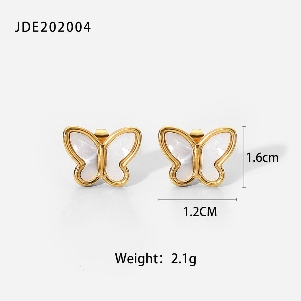 18K Gold Natural White Shell Butterfly Shape Simple Stud Earrings14K Golden White Shell Butterfly Gold Chain Stainless Steel Necklace