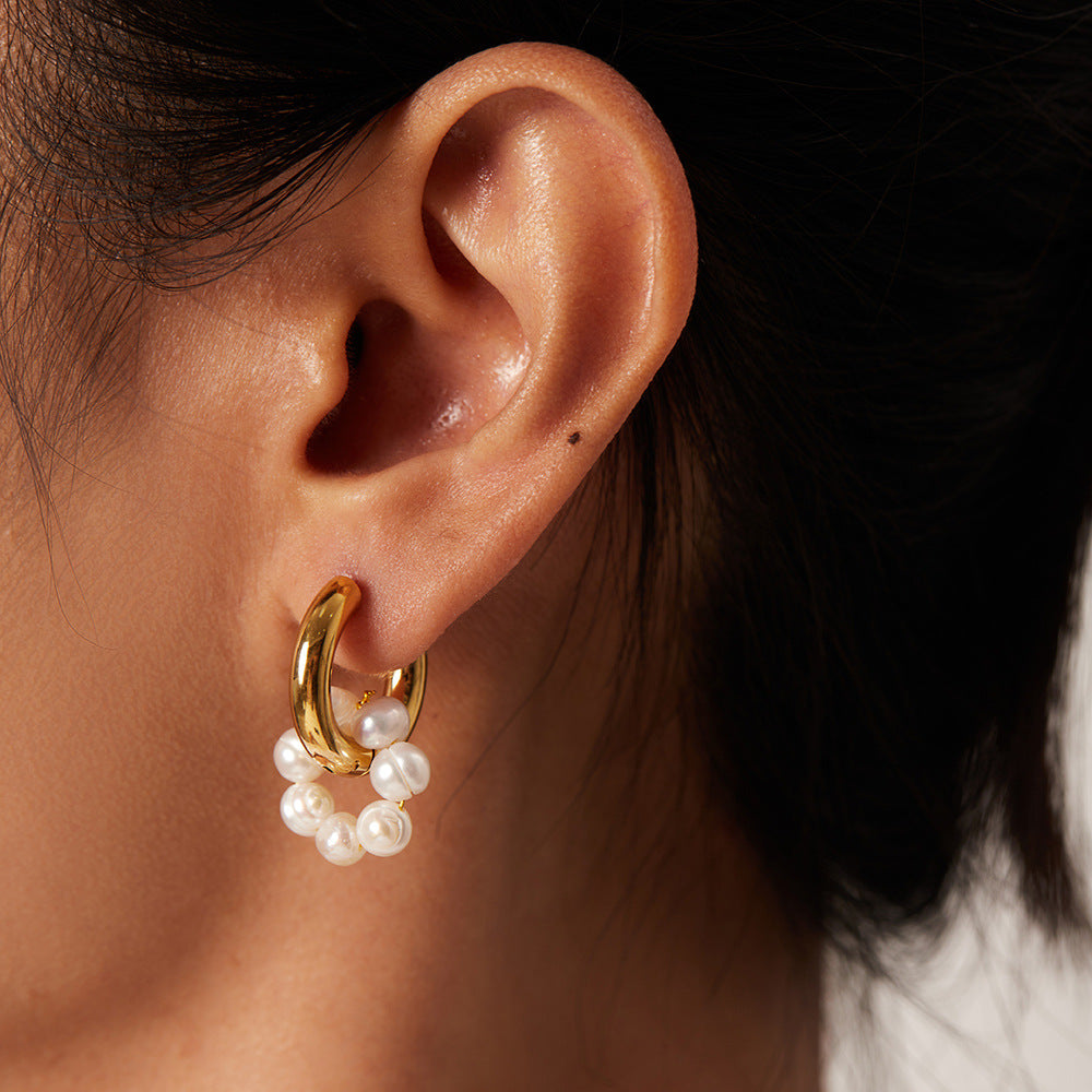 2H  Earrings18K Gold-plated Asymmetric Natural Freshwater Pearl Pendant Hoop Earrings Jewelry