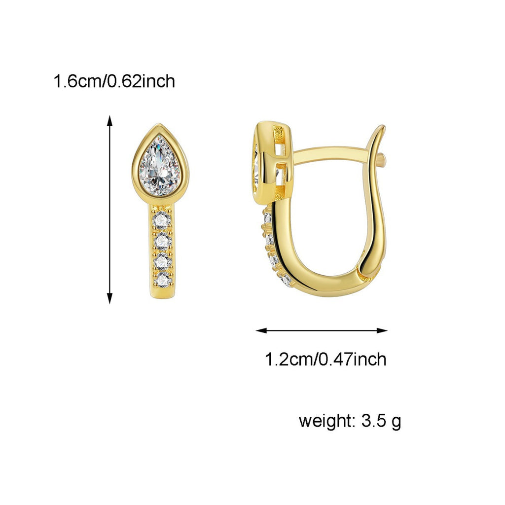 E0499 Simple Earrings for Women, Brass Gold-Plated Water Drop Shape with White Zirconia Ear Clips