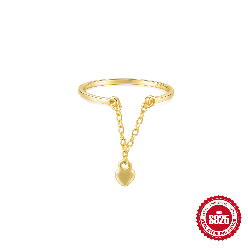 New S925Sterling Silver Heart-Shaped Tassel Inlaid Diamond Chain Adjustable Ring Hot-Selling Pearl Index Finger Ring