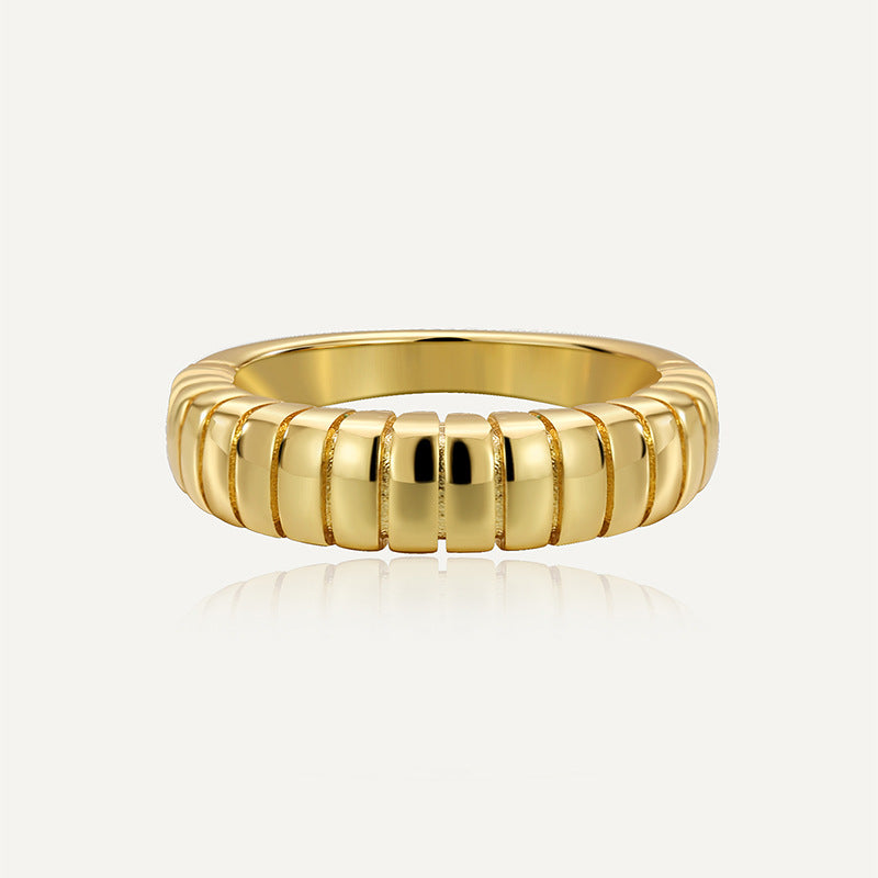 R0323 Vintage Horn Bag Texture Ring for Women, Brass Gold-Plated Simple Smooth Ring