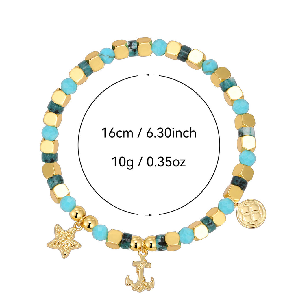 B0285 Fashion Bohemian Retro Starfish Anchor Bracelet Ocean Blue Turquoise Beads