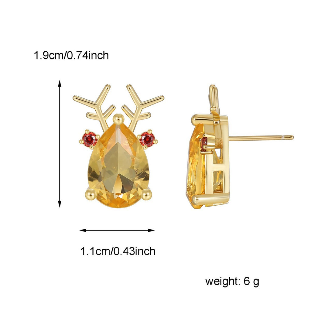 E0532 Christmas Ornaments Elk Shape Stud Earrings for Women Copper Plated Real Gold Zircon Holiday Earrings