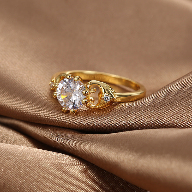 R0359 Simple Design Zircon Ring for Women, Copper Plated with Real Gold, Fashionable Ring