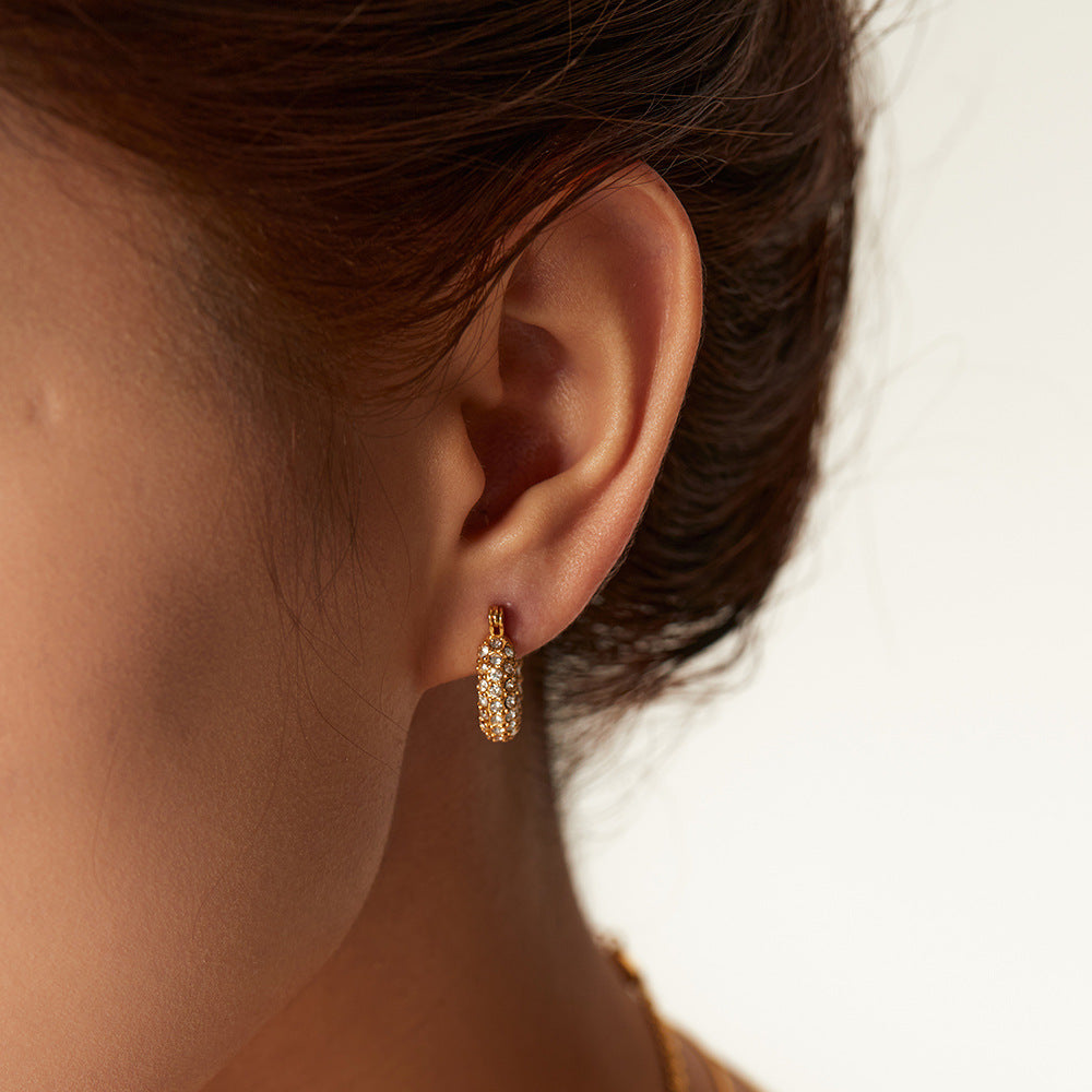 2H French Style New Fashion Versatile18k Gold Plated Stainless Steel Earrings Inlaid with White Cubic Zirconia Hoop Earrings