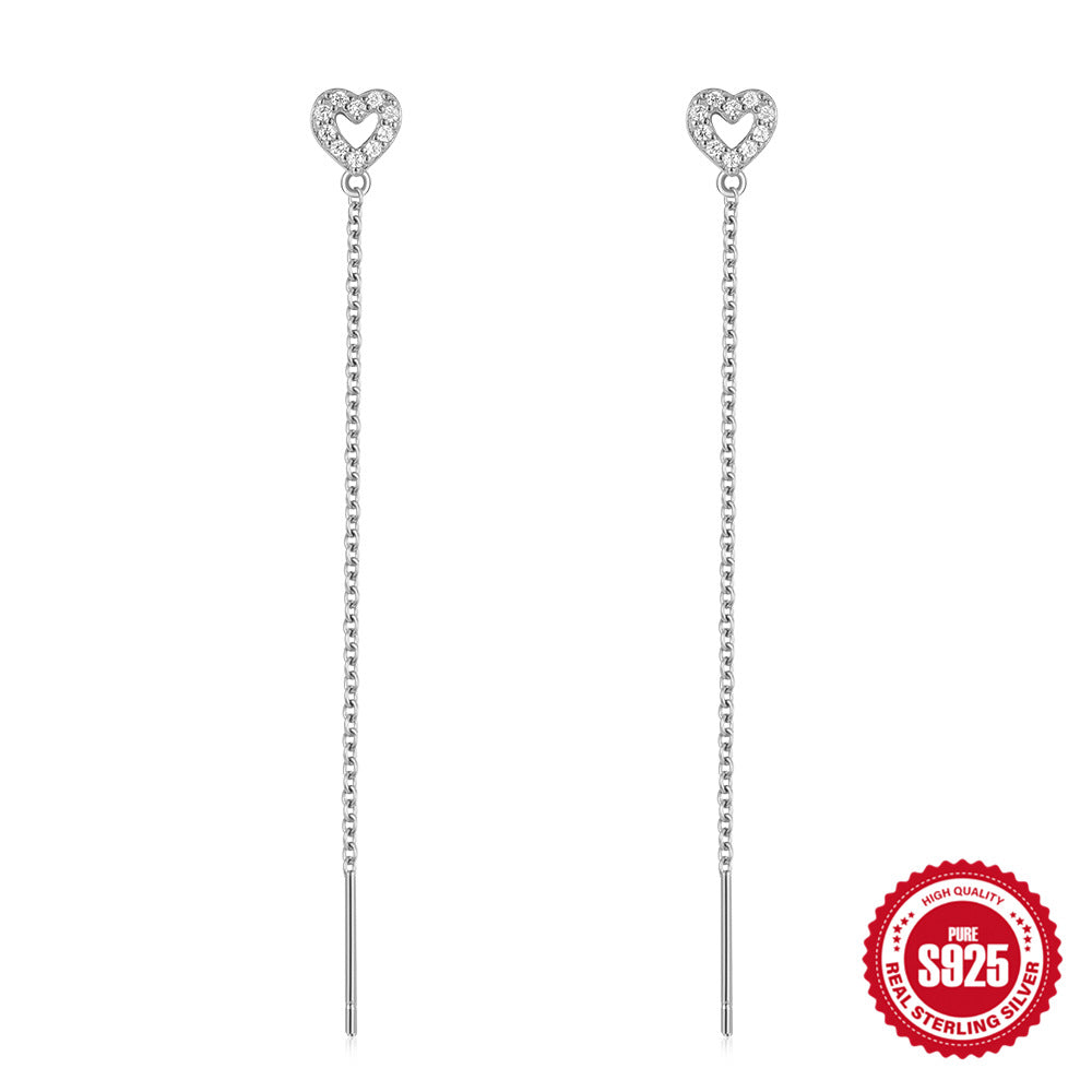 S925Pure Silver Long Minimalist Tassel Claw Setting Diamond Ear Thread Earrings Korean and Japanese Heart Earrings