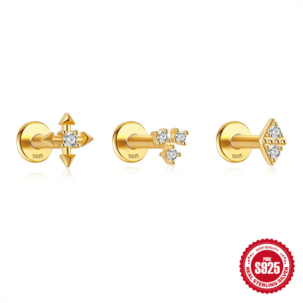 New925Sterling Silver Flat Threaded Piercing Stud Earrings Hot Sale Fashion Round Ball Inlaid Diamond Ear Bone Stud Earrings for Women