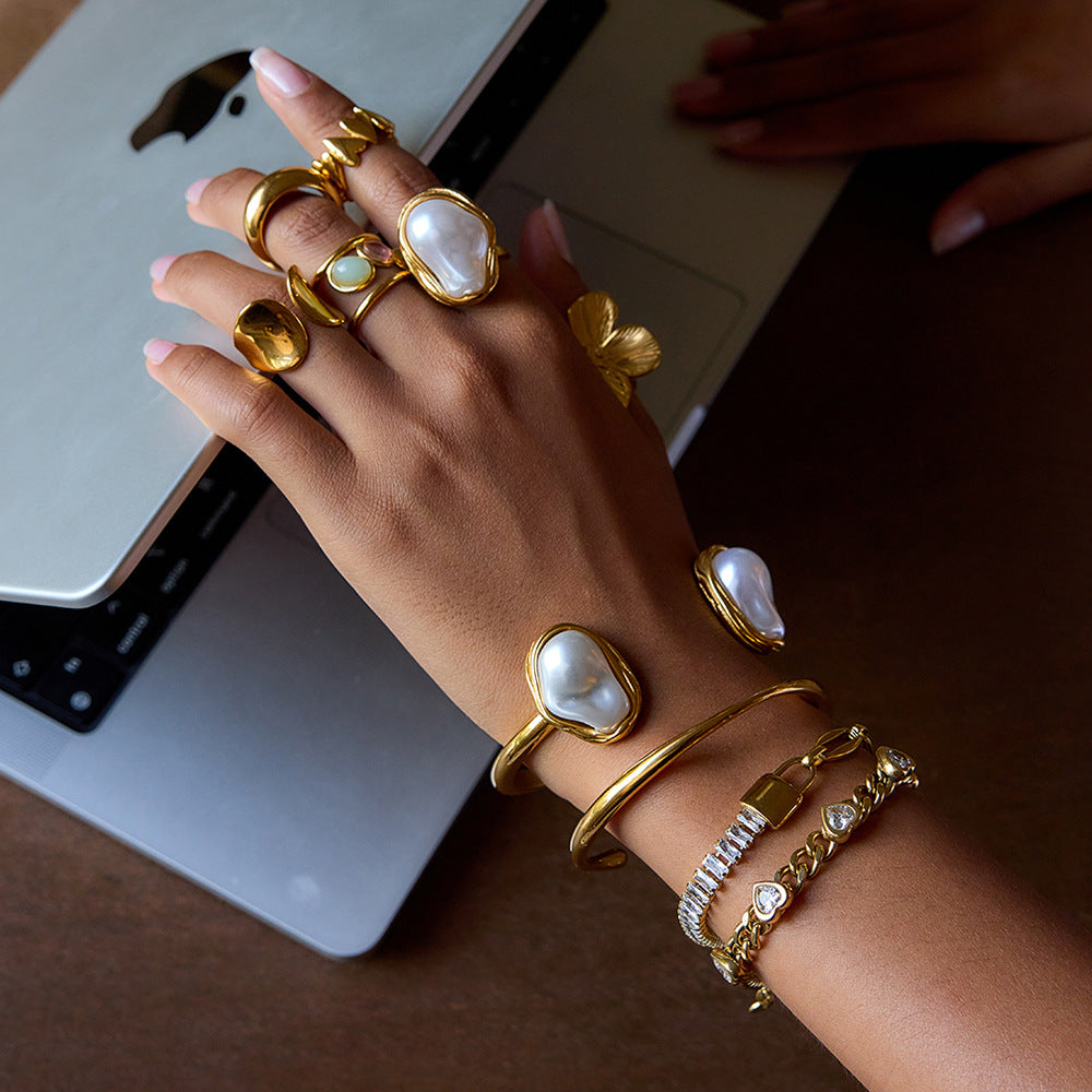 Imitation Baroque Pearl Ring Non-Fading Open Bracelet Stainless Steel Jewelry for Women